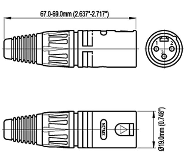 XLR 3-pin connector male zwart C1038M afmetingen